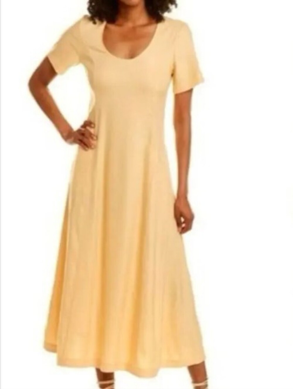 Club Monaco Linen Stretch Scoop Neck Drop Waist Midi Dress Yellow Pockets Size 8
